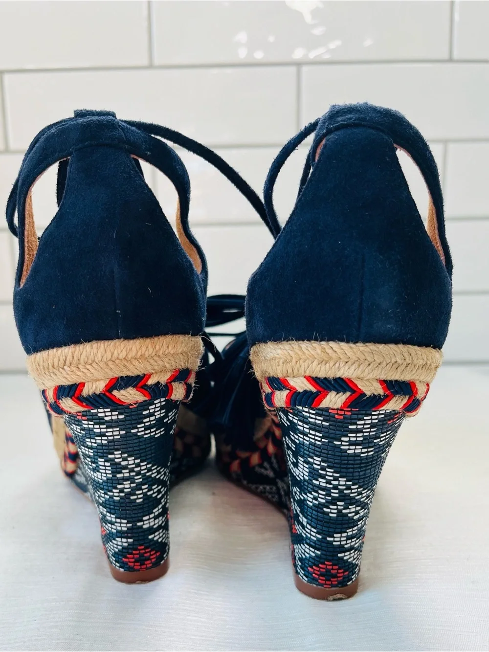 CAbi Navy Suede Lace-Up Espadrille Wedge Sandals